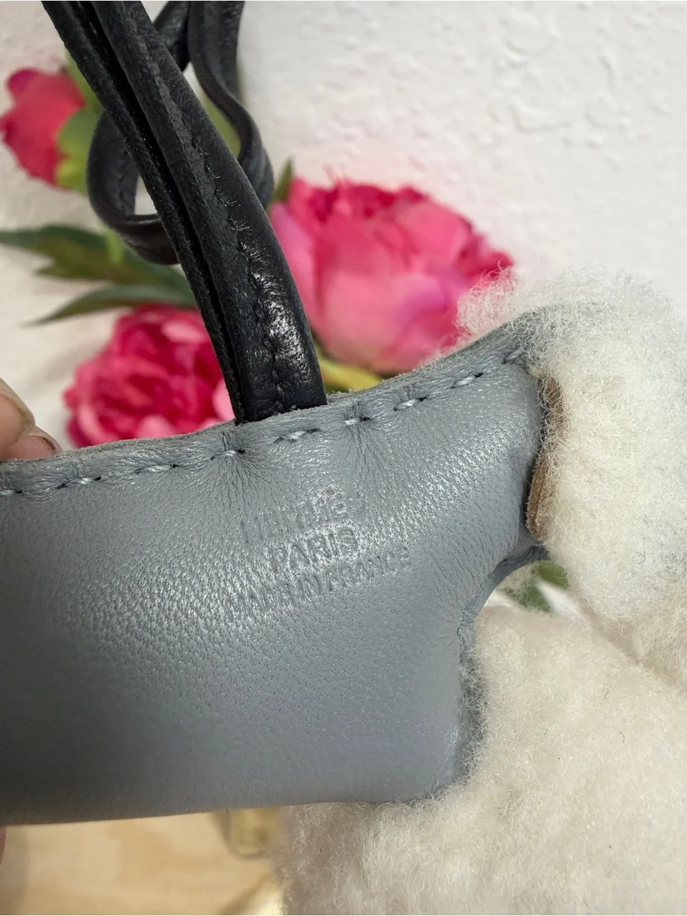 Hermes Budy Shearling and Gray Leather Bag Charm with Black Strap